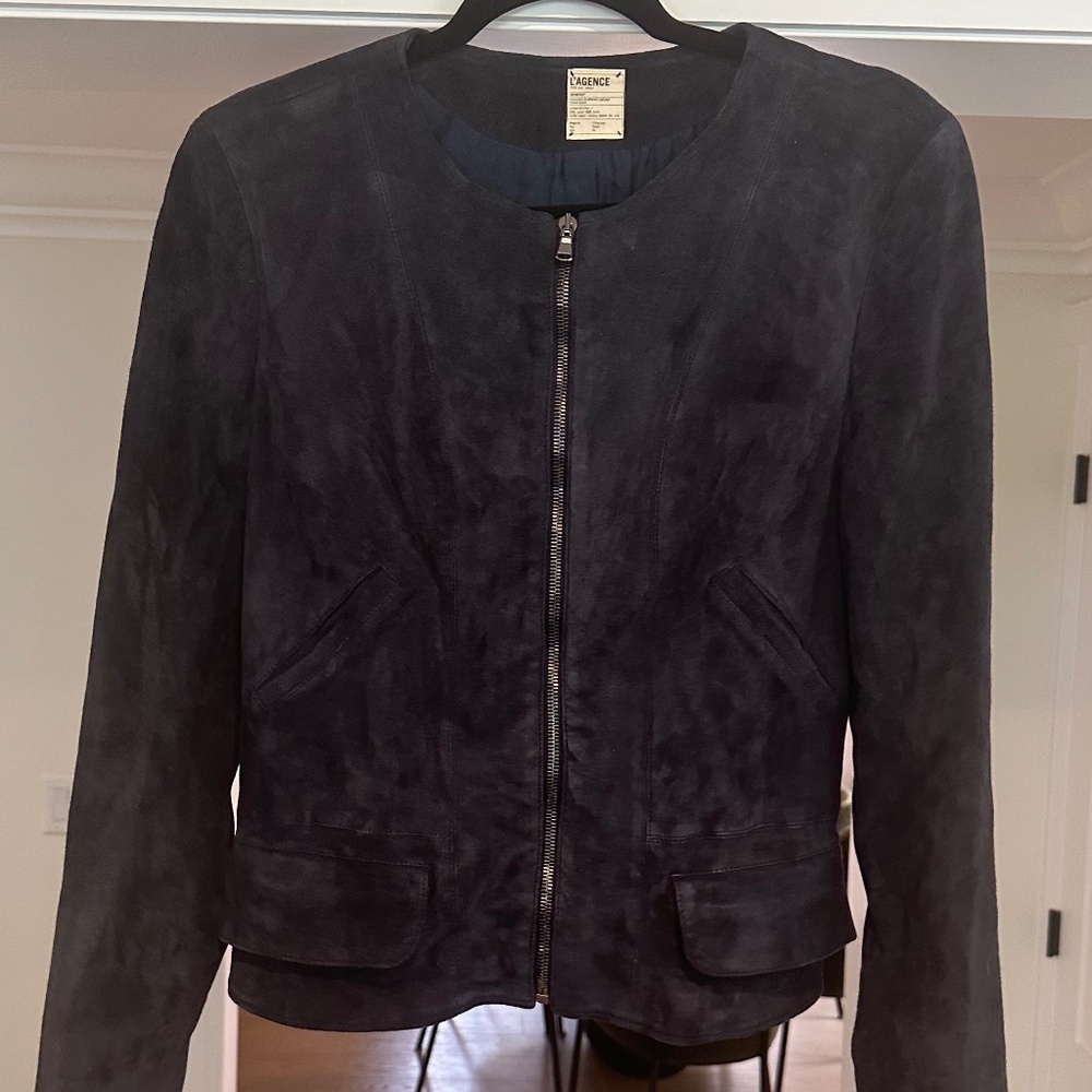 L'Agence Navy Blue Suede Zip Jacket - Size M